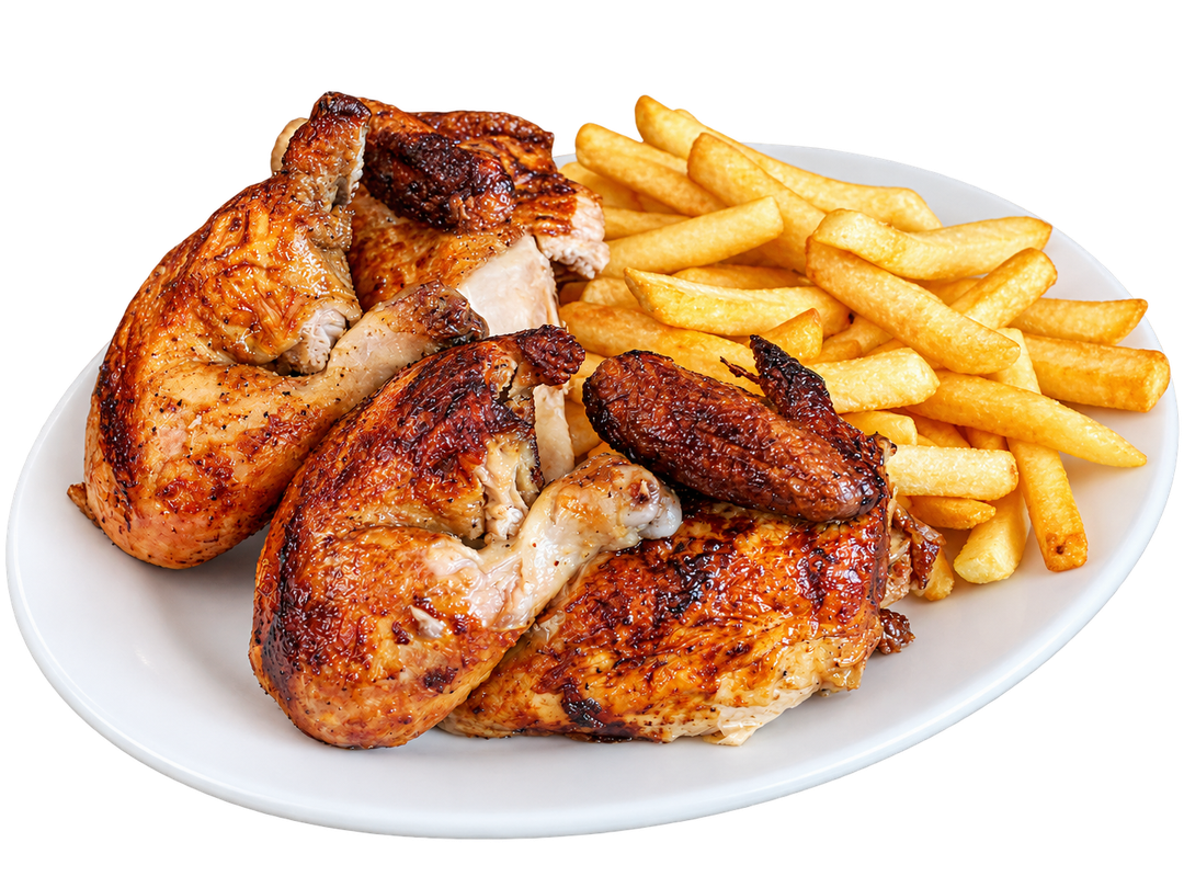 Whole rotisserie pollo with fries on a white plate